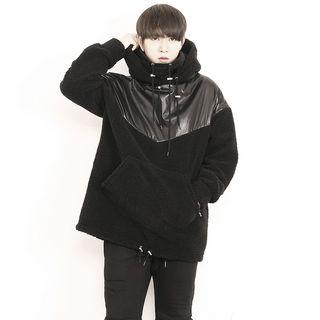 Patent-panel Sherpa-fleece Loose-fit Hoodie