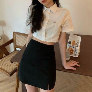 Short-sleeve Letter Embroidered Shirt / A-line Skirt