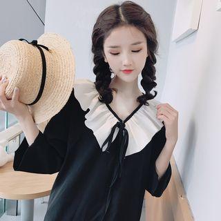 Frilled V-neck Elbow-sleeve Dress