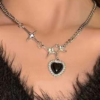 Heart Resin Pendant Stainless Steel Necklace Necklace - Love Heart - Black & Silver - One Size
