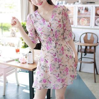 Button-front Puff-shoulder Floral Minidress