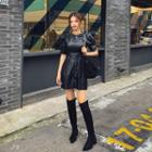 Puff-sleeve Faux-leather Dress