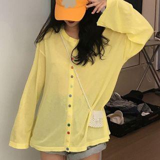 Long-sleeve Plain Cardigan Yellow - One Size
