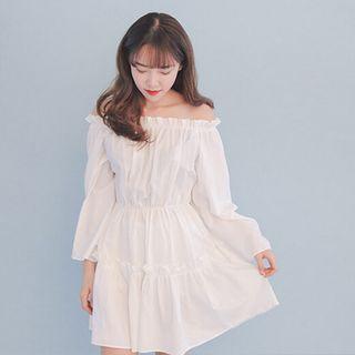 Frill Trim Off-shoulder Long-sleeve Dress