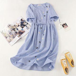 Flower Embroidered Drawstring-waist Midi A-line Dress Light Blue - One Size