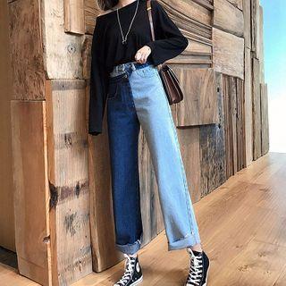 Two Tone Wide-leg Jeans / Long Sleeve Plain Top / Set