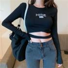 Long-sleeve Letter Cutout Cropped T-shirt