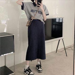 Short-sleeve Collar Lettering T-shirt / Midi A-line Skirt