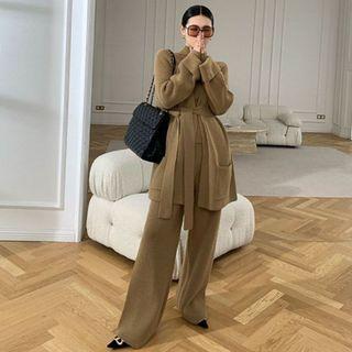 Set: Long Cardigan + Mock Neck Sweater + Wide Leg Pants