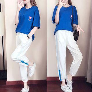 Set: Elbow-sleeve Printed T-shirt + Sweatpants