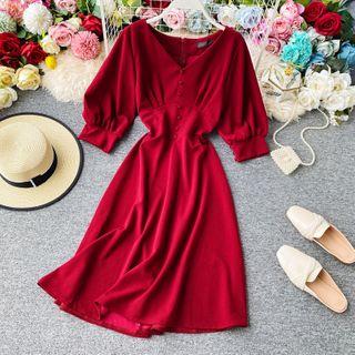 V-neck Puff-sleeve Plain Dress
