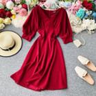 V-neck Puff-sleeve Plain Dress