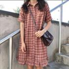 Color-block Plaid Single-breasted Short-sleeve Dress