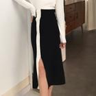 Contrast Trim Slit Midi Knit Skirt As Shown In Figure - One Size
