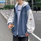 Cartoon Bear Embroidered Two-tone Zip-up Hoodie