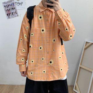 Long-sleeve Plaid Floral Shirt