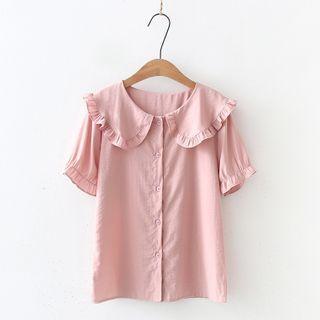 Short-sleeve Wide Collar Frill Trim Blouse