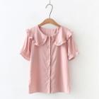 Short-sleeve Wide Collar Frill Trim Blouse