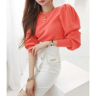 Round-neck Mutton Sleeve Knit Top