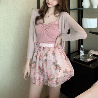 Twist-front Camisole Top / Cardigan / Floral Print Mini A-line Skirt
