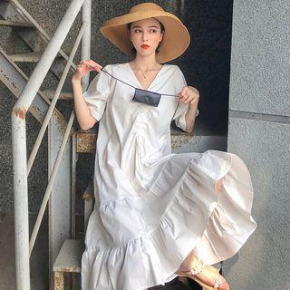 Elbow-sleeve Drawstring Ruffled Midi Dress