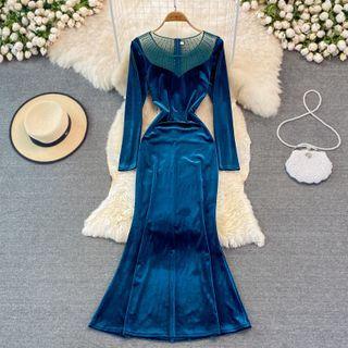 Mesh Panel Velvet Mermaid Dress