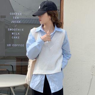 Plain V-neck Knit Vest / Long-sleeve Shirt