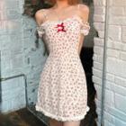 Short-sleeve Cold Shoulder Floral Print Lace Trim Mini A-line Dress