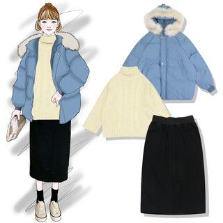 Faux-fur Hooded Padded Coat / Turtleneck Chunky Knit Sweater / Straight-fit Skirt