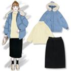 Faux-fur Hooded Padded Coat / Turtleneck Chunky Knit Sweater / Straight-fit Skirt
