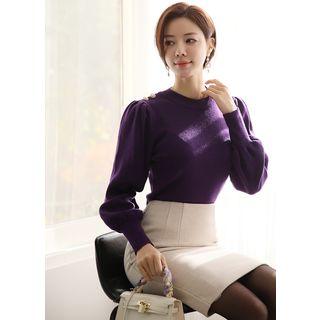 Bishop-sleeve Faux-pearl Button Knit Top