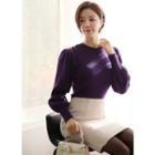 Bishop-sleeve Faux-pearl Button Knit Top