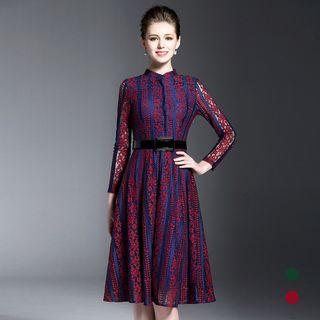 Long Sleeve A-line Lace Dress With Belt