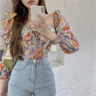 Long-sleeve Print Square-neck Top