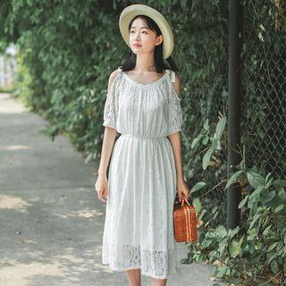 Cut Out Shoulder Elbow Sleeve Midi Lace Dress