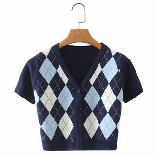 Short-sleeve Argyle Print Knit Top Argyle Print - Navy Blue - One Size