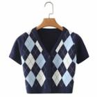 Short-sleeve Argyle Print Knit Top Argyle Print - Navy Blue - One Size
