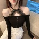 Lace Trim Cold-shoulder Long-sleeve Top