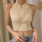 Halter-neck Zip-up Ribbed Knit Top