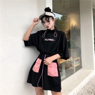 Elbow-sleeve Mock Neck Lettering Oversized T-shirt Black - One Size