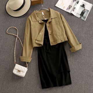 Set: Spaghetti Strap A-line Dress + Shirt Jacket Set - Khaki - One Size