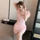 Short-sleeve Ruffle Pointelle Knit Dress Pink - One Size