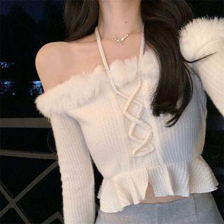 Halter Off-shoulder Knit Sweater / Midi Skirt