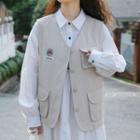 Embroidered Pocket Detail Button Vest Khaki - One Size