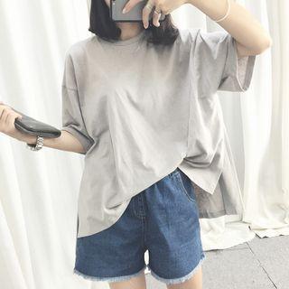 Slit-side Elbow-sleeve Plain T-shirt