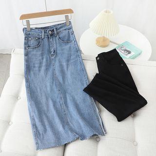 Frayed Side-slit Midi Pencil Skirt