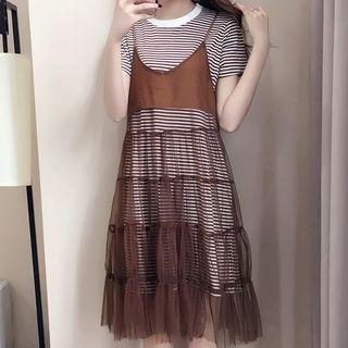 Set: Striped Short Sleeve T-shirt Dress + Mesh Spaghetti Strap Dress