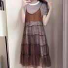 Set: Striped Short Sleeve T-shirt Dress + Mesh Spaghetti Strap Dress