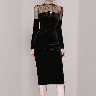 Long-sleeve Dotted Mesh Panel Midi Velvet Sheath Dress
