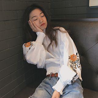 Embroidered Balloon-sleeve Blouse